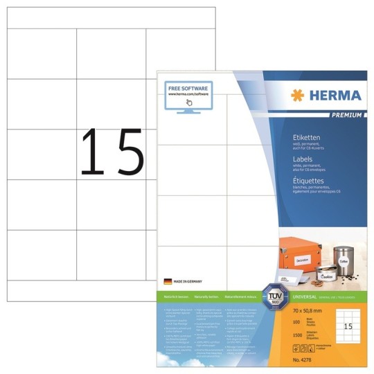 Laadukas, teräväreunainen tulostustarra Herma 4278 Premium, tarrakoko 50,8x70mm. 1500 tarraa pakkauksessa.