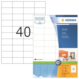 Laadukas, teräväreunainen tulostustarra Herma 4461 Premium, tarrakoko 29,7x52,5mm. 4000 tarraa pakkauksessa.