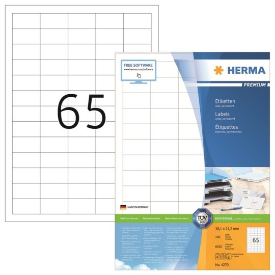 Laadukas, teräväreunainen tulostustarra Herma 4270 Premium, tarrakoko 21,2x38,1mm. 6500 tarraa pakkauksessa.