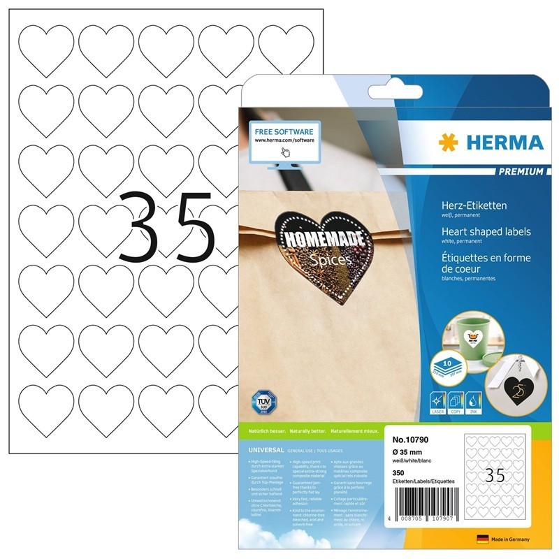 Laadukas, sydänkuvioinen tulostustarra Herma 10790 Premium. 350 tarraa pakkauksessa.