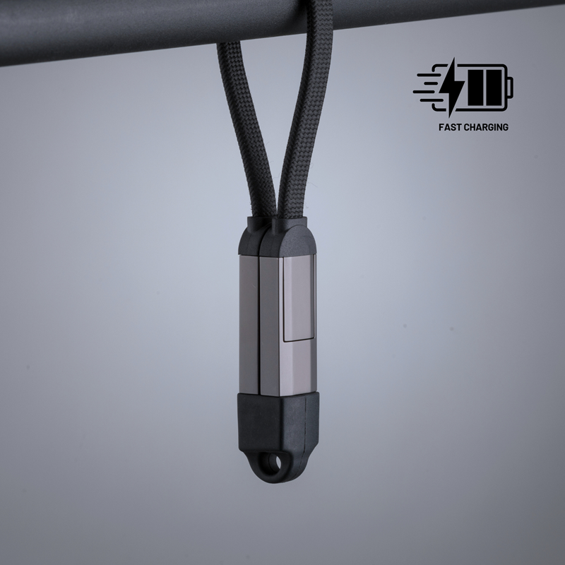 Kompakti all-in-one latausratkaisu OPTI Compact Keychain Cable, joka on kiinnittyy helposti avaimiin tai laukkuihin.