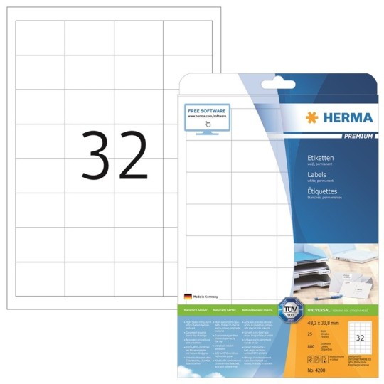 Laadukas, teräväreunainen tulostustarra Herma 4200 Premium, tarrakoko 33,8x48,3mm. 800 tarraa pakkauksessa.