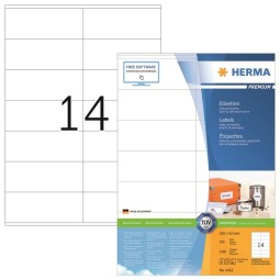 Laadukas, teräväreunainen tulostustarra Herma 4452 Premium, tarrakoko 42x105mm. 1400 tarraa pakkauksessa.
