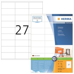 Laadukas, teräväreunainen tulostustarra Herma 4450 Premium, tarrakoko 32x70mm. 2700 tarraa pakkauksessa.