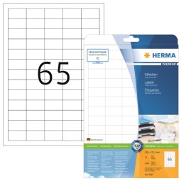Laadukas, teräväreunainen tulostustarra Herma 5027 Premium, tarrakoko 21,2x38,1mm. 1625 tarraa pakkauksessa.