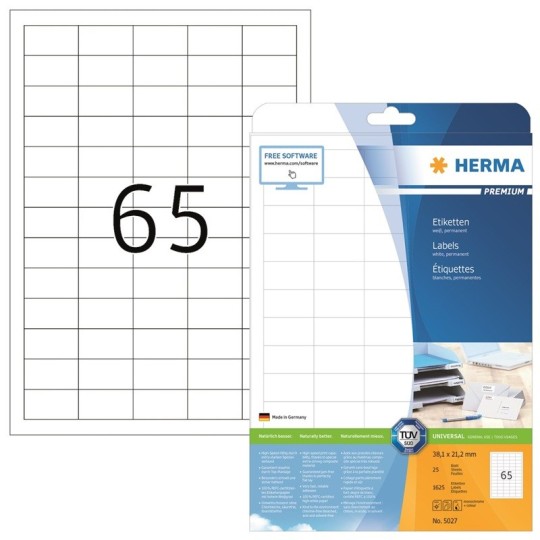 Laadukas, teräväreunainen tulostustarra Herma 5027 Premium, tarrakoko 21,2x38,1mm. 1625 tarraa pakkauksessa.