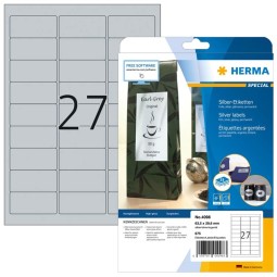 Korkeakiiltoinen, hopeanvärinen etikettitarra Herma 4098 Special, tarrakoko 29,6x63,5mm. 675 tarraa pakkauksessa.