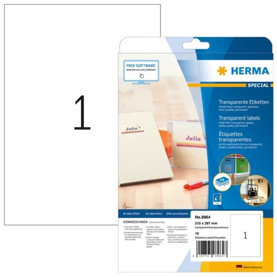 Kiiltävä, läpinäkyvä etikettitarra Herma 8964 Special mustesuihkutulostimelle, tarrakoko A4. 10 tarraa pakkauksessa.