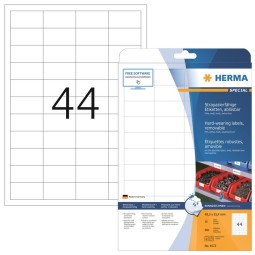 Säänkestävä, valkoinen filmitarra Herma 4572 Removable Weatherproof Film väliaikaiseen kiinnitykseen.