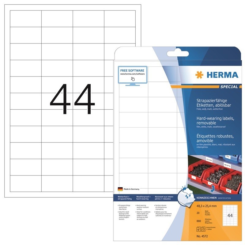 Säänkestävä, valkoinen filmitarra Herma 4572 Removable Weatherproof Film väliaikaiseen kiinnitykseen.