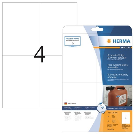 Säänkestävä, valkoinen filmitarra Herma 4576 Removable Weatherproof Film väliaikaiseen kiinnitykseen.
