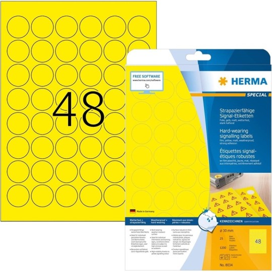 Säänkestävä tulostustarra ø30mm (1200) Herma 8034 Extra Strong Film Yellow