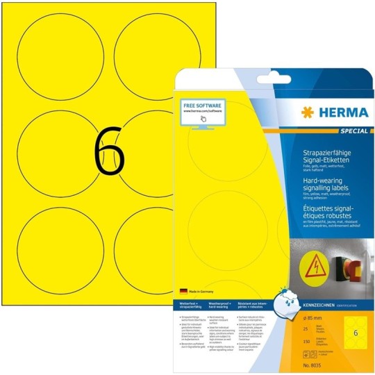 Keltainen filmitarra Herma Extra Strong Outdoor erikoisvahvalla liimalla kestää kulutusta ilman repeämistä.