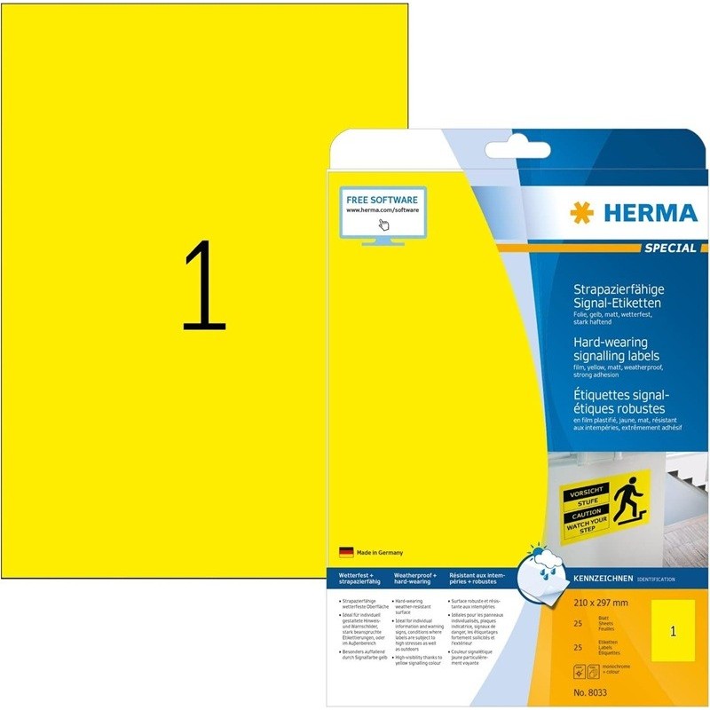 Keltainen filmitarra Herma Extra Strong Outdoor erikoisvahvalla liimalla kestää kulutusta ilman repeämistä.