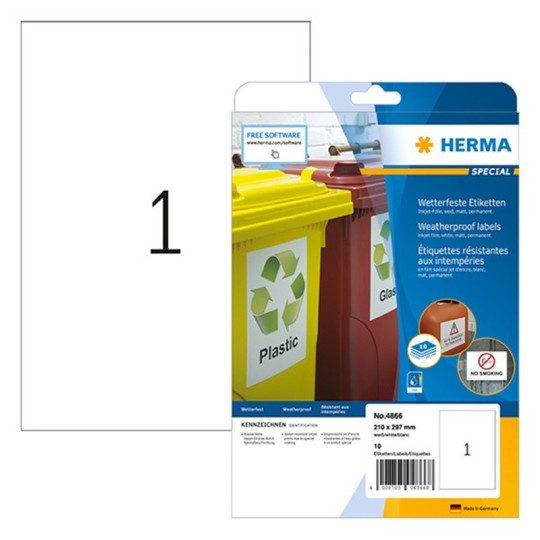 Säänkestävät mustesuihkutulostuskalvotarrat A4-arkeilla, Herma 4866 Extra Strong Inkjet kaupalliseen käyttöön.