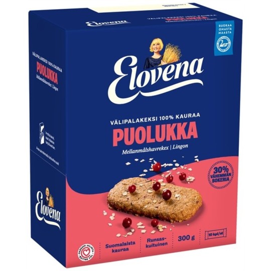 Välipalakeksi 10x30g Elovena Kaura-puolukka