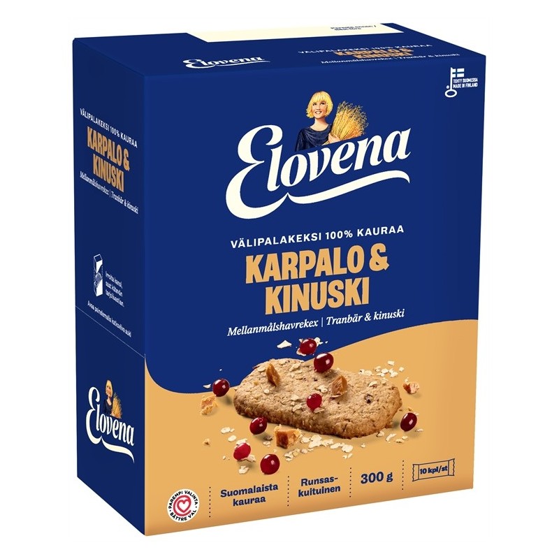 Välipalakeksi 10x30g Elovena Karpalo & Kinuski