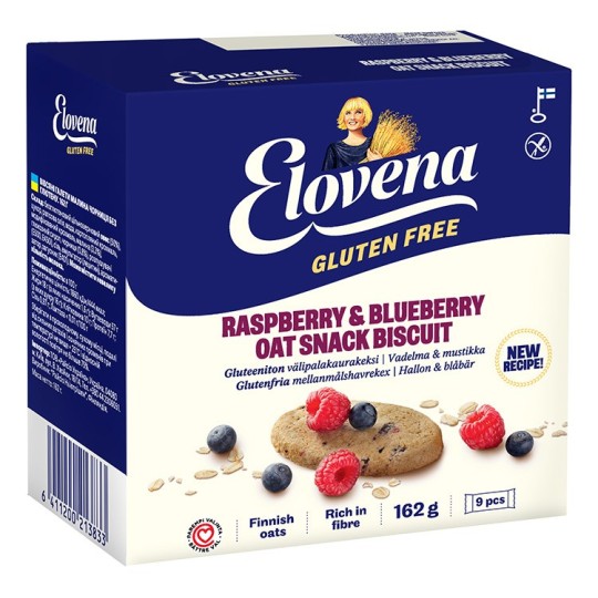 Välipalakeksi 9x18g Elovena Vadelma-Mustikka gluteeniton