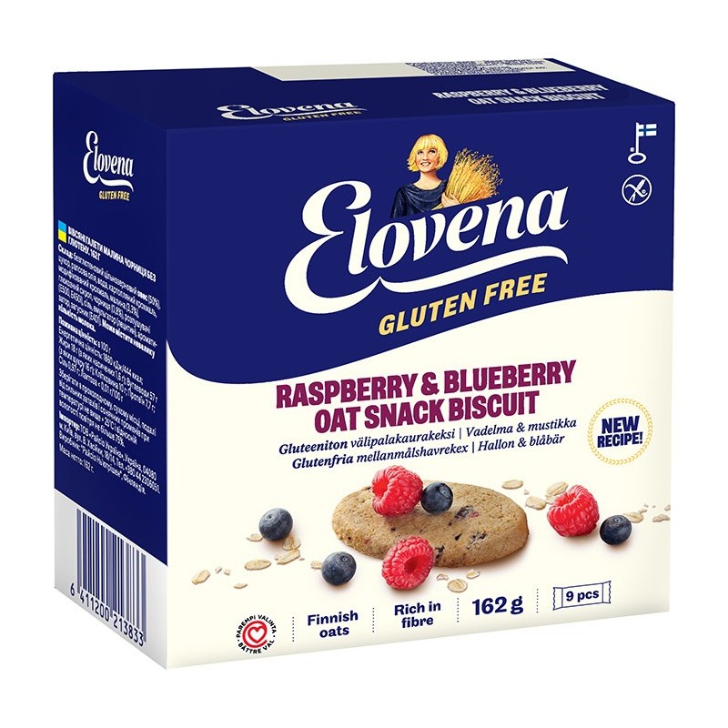 Välipalakeksi 9x18g Elovena Vadelma-Mustikka gluteeniton