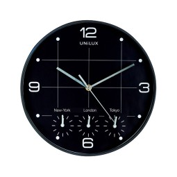Seinäkello Unilux On Time 30,5cm eri aikavyöhykkeillä (Lontoo, Tokio ja New York).