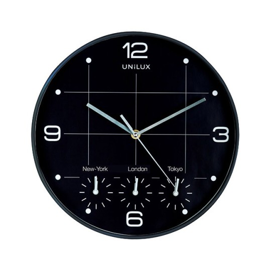 Seinäkello Unilux On Time 30,5cm eri aikavyöhykkeillä (Lontoo, Tokio ja New York).