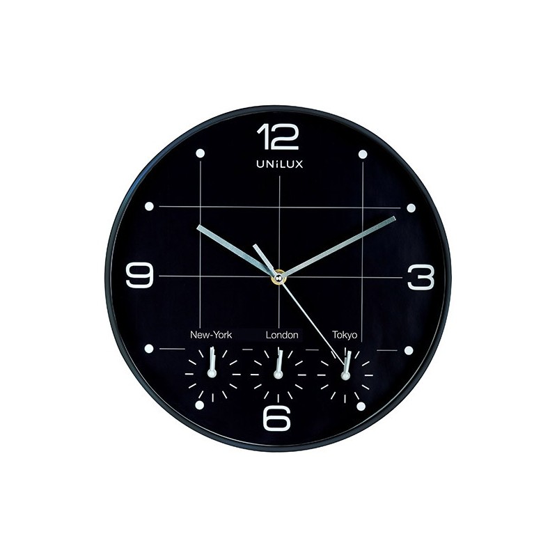 Seinäkello Unilux On Time 30,5cm eri aikavyöhykkeillä (Lontoo, Tokio ja New York).