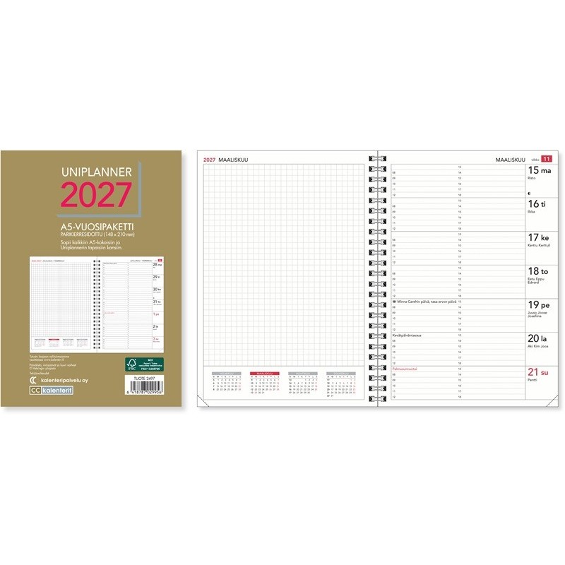Uniplanner-vuosipaketti 2027 on yhteensopiva myös muiden kustantajien pujotuskansiin