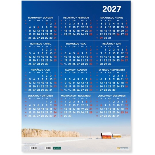 Vuosijuliste 2027, selkeä ja helppolukuinen taulukkovuosikalenteri