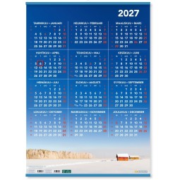 Vuosijuliste 2027 ripustuslistoilla, selkeä ja helppolukuinen taulukkovuosikalenteri