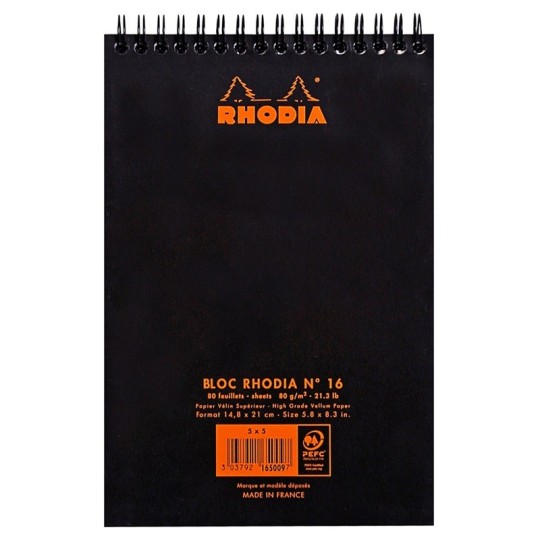 Laadukas ruutupaperilehtiö Rhodia N°16 A5-koossa, säänkestävillä kansilla ja parikierresidonnalla.