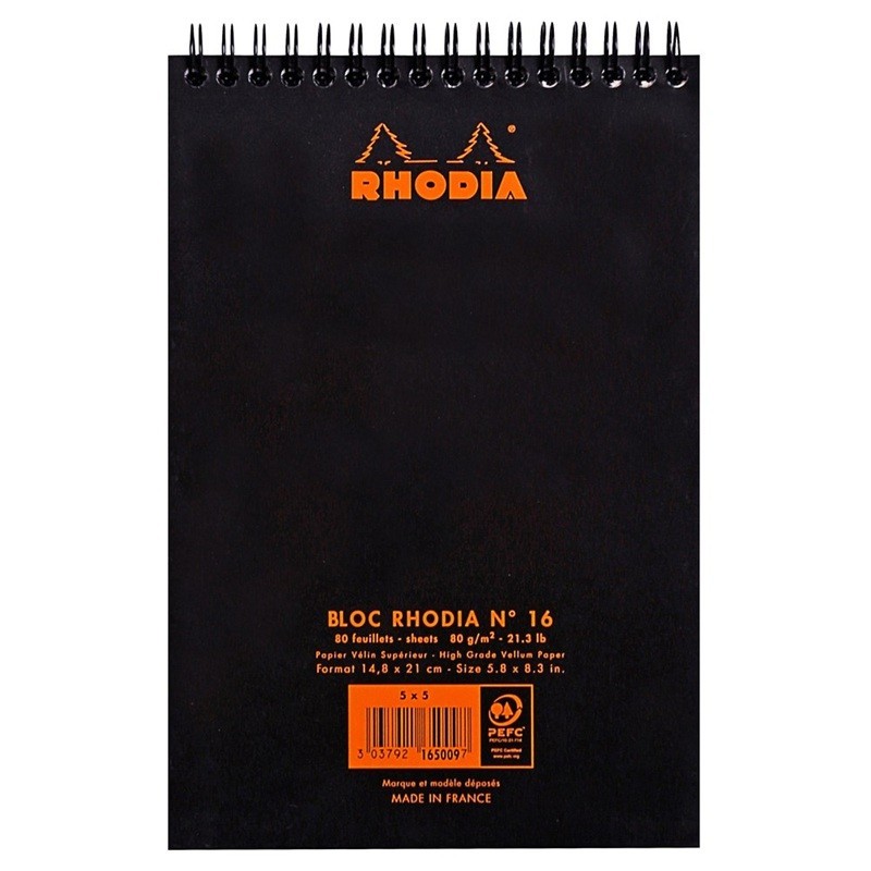 Laadukas ruutupaperilehtiö Rhodia N°16 A5-koossa, säänkestävillä kansilla ja parikierresidonnalla.