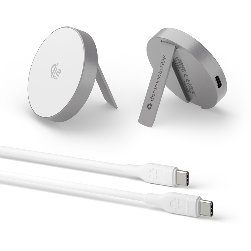 Langaton latausalusta älypuhelimille. Tuen avulla saat puhelimen myös pystyyn! Magnetic Charger Qi2 25W by Dbramante1928