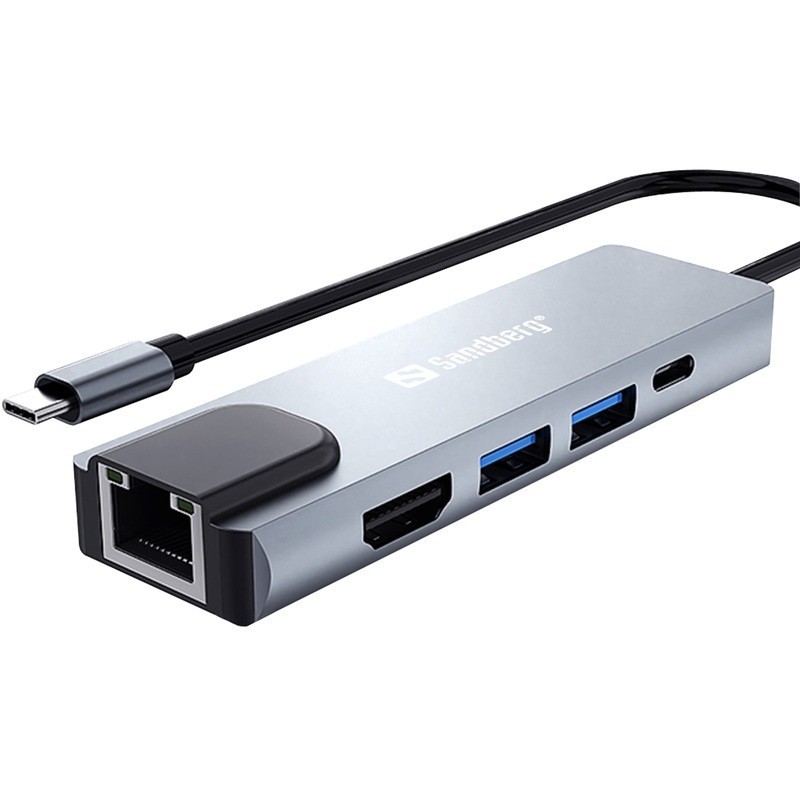 Telakka USB-C 5in1 Travel Dock Sandberg Saver, pienikokoinen telakointiasema kestävästä alumiinista