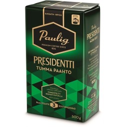 Kahvi 500g Sj Paulig Presidentti Tumma Paahto, täyteläinen ja tummapaahtoinen kahvi, suodatinjauhatus.