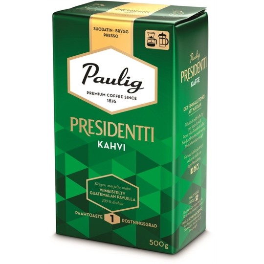 Kahvi 500g Hj Paulig Presidentti, aromikas vaaleapaahtoinen kahvi, suodatinjauhatus.