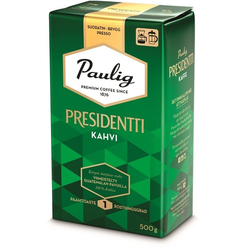Kahvi 500g Hj Paulig Presidentti, aromikas vaaleapaahtoinen kahvi, suodatinjauhatus.
