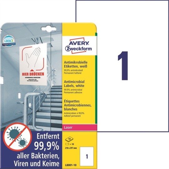 Säänkestävä tulostustarra 210x297mm (10) Avery L8001-10 Antibakteerinen