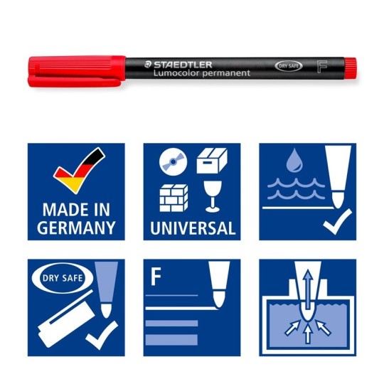 Merkintäkynä 0,6 Staedtler Lumocolor 318 Permanent. Huopakynä 0,6mm Fine-kärjellä ja pysyvällä musteella.