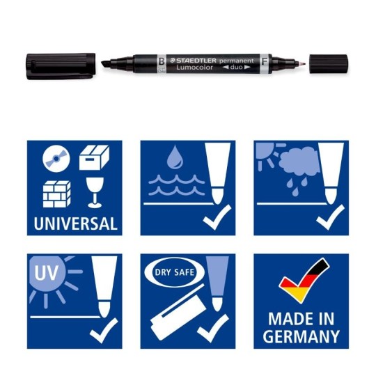 Merkintäkynä Staedtler Lumocolor 348 Permanent. Kaksipäinen huopakynä, jossa toinen kärki on 1,5mm ja toinen 0,6mm.