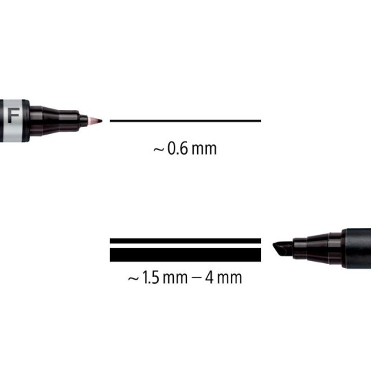Merkintäkynä Staedtler Lumocolor 348 Permanent. Kaksipäinen huopakynä, jossa toinen kärki on 1,5mm ja toinen 0,6mm.