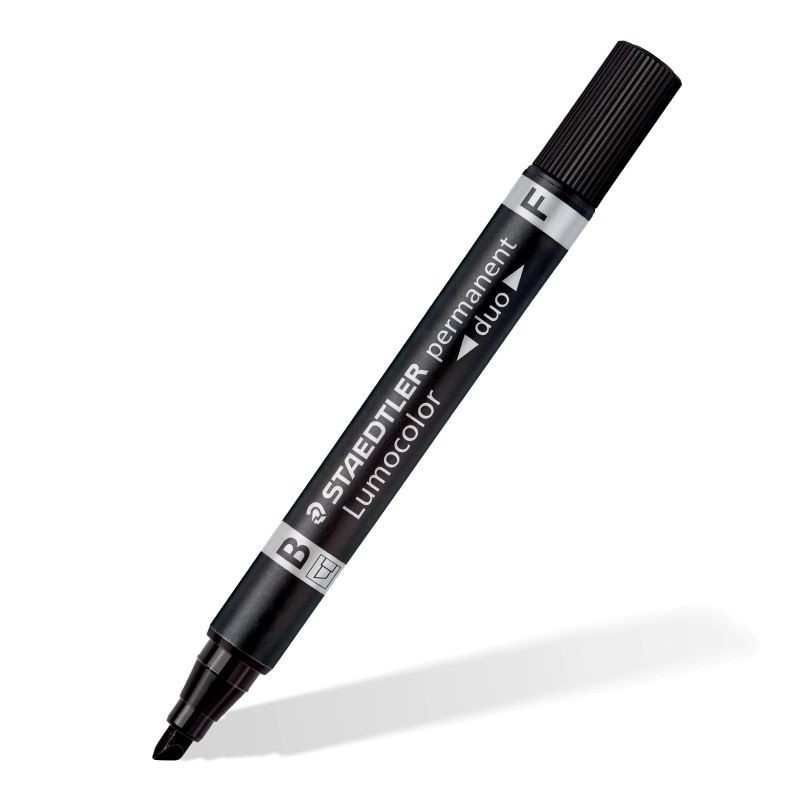 Merkintäkynä Staedtler Lumocolor 348 Permanent. Kaksipäinen huopakynä, jossa toinen kärki on 1,5mm ja toinen 0,6mm.