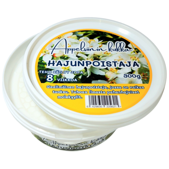 Hajunpoistaja 300g Appelsiininkukka. Pitkävaikutteinen, kiinteän geelimäinen hajunpoistaja, jossa on raikas tuoksu.