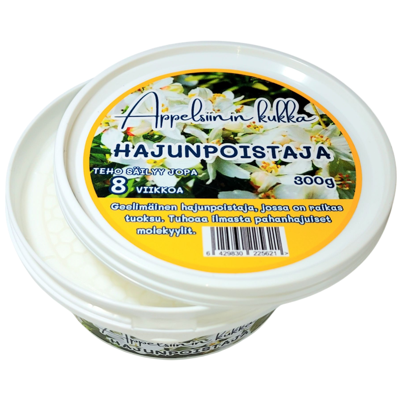 Hajunpoistaja 300g Appelsiininkukka. Pitkävaikutteinen, kiinteän geelimäinen hajunpoistaja, jossa on raikas tuoksu.