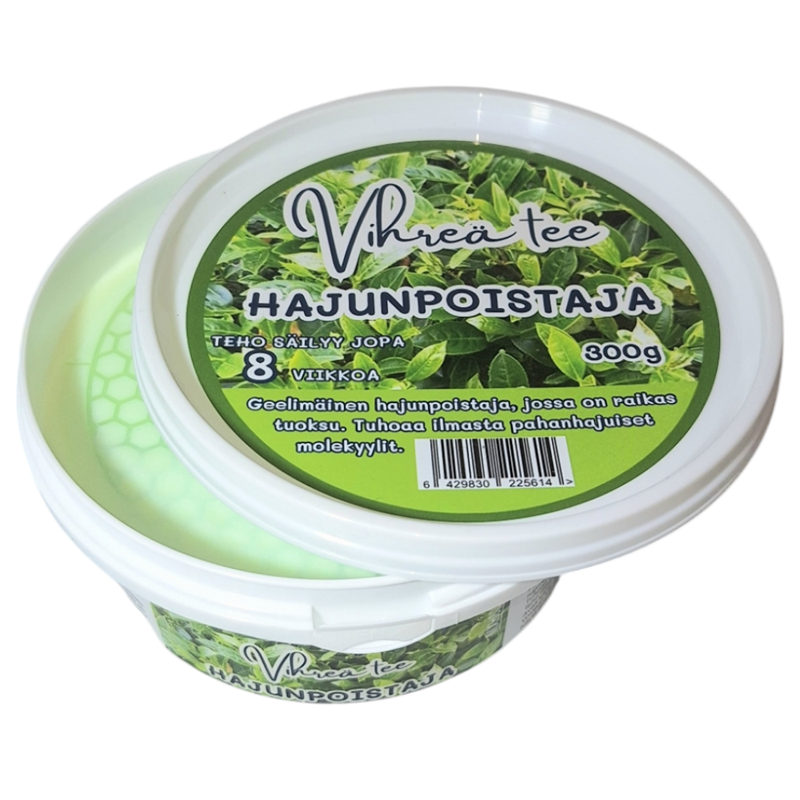 Hajunpoistaja 300g Vihreä tee. Pitkävaikutteinen, kiinteän geelimäinen hajunpoistaja, jossa on neutraali vihreän teen tuoksu.