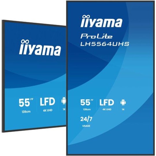 Tehokas 55" 4K/UHD-näyttö myymälämainontaan ja julkisten tilojen infoesityksiin edistyneillä ohjaus- ja liitäntävaihtoehdoilla.