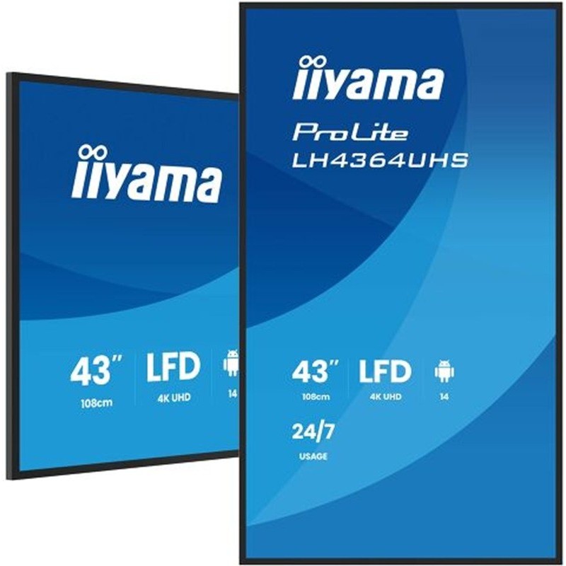 Tehokas 43" 4K/UHD-näyttö myymälämainontaan ja julkisten tilojen infoesityksiin edistyneillä ohjaus- ja liitäntävaihtoehdoilla.