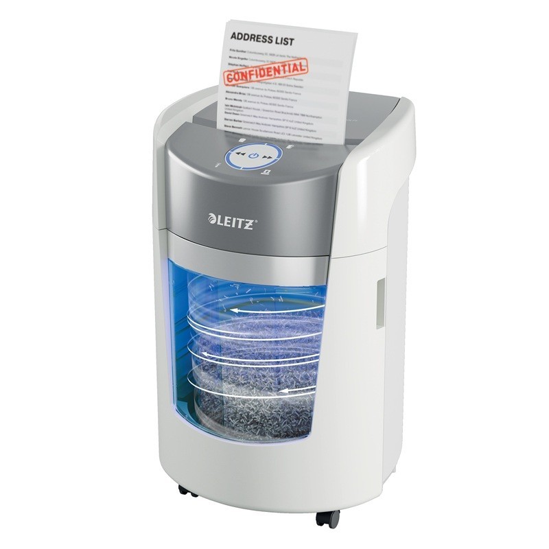 Leitzin innovatiivinen ja tyylikäs 8 arkin OptiMax SO 350 -paperintuhooja toimistokäyttöön.